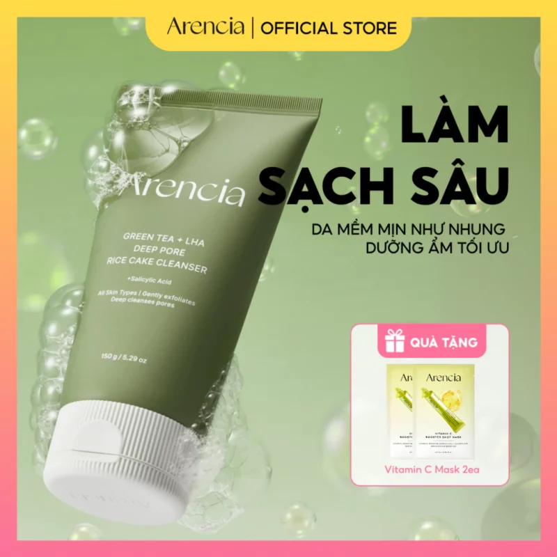 Sữa Rửa Mặt Arencia Green Tea + LHA Deep Pore Rice Cake Cleanser 150ml Làm Sạch Sâu Lỗ Chân Lông